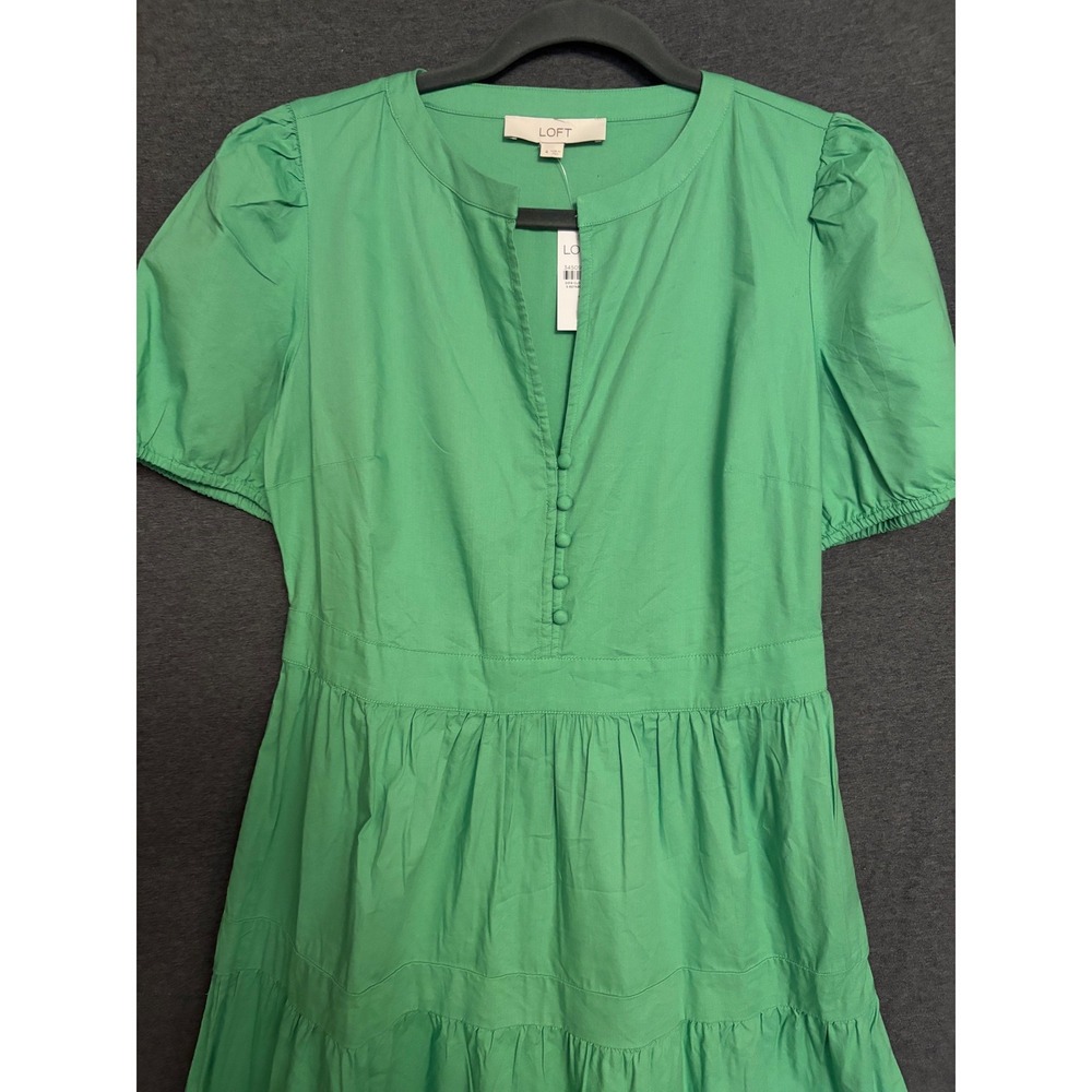 New LOFT Kelly Green Puff Sleeve‎ Tiered Midi Dress Button Front Casual Size 4 - Picture 4 of 9